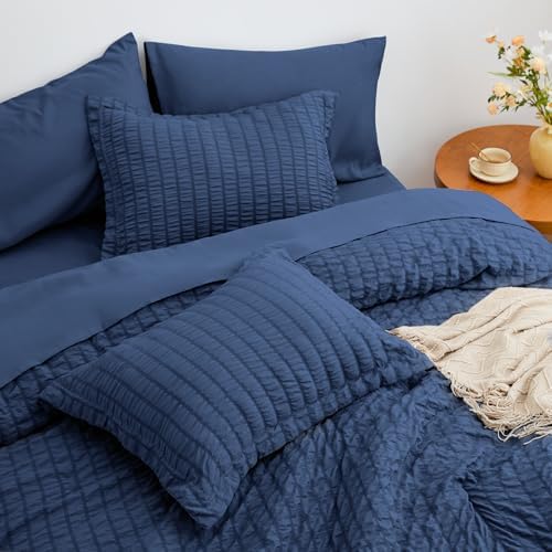 Love's cabin Seersucker Dark Blue Queen Comforter Set