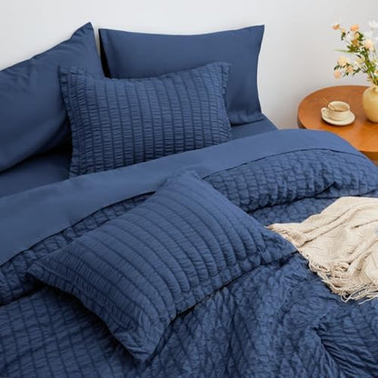 Love's cabin Seersucker Dark Blue Queen Comforter Set