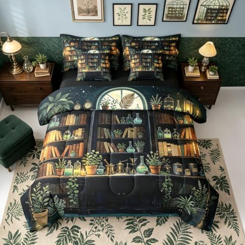 Erosebridal Gothic Witchy 7 Piece Bedding Set Twin Dark Academia Bookshelf Comforter Set with Sheets Vintage Witchy Bookshelf Bed in a Bag Gothic Book Lover Bed Sets Comforter