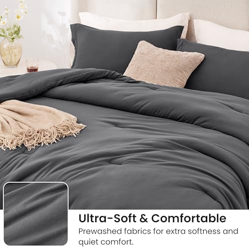 Love's cabin Dark Grey Queen Comforter Set, 3-Piece Prewashed Bed Set