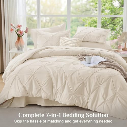 JOLLYVOGUE Queen Comforter Set 7 Pieces - Bed in a Bag Queen for All Season, Pintuck Bedding Comforter Sets with Comforter, Flat Sheet, Fitted Sheet and Pillowcases & Shams, Beige