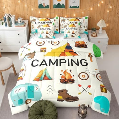 Erosebridal 7 Piece Happy Camping Full Comforter Set for Camper,RV Bunk Bedding Sets with Sheets for Kids Boys Girls,Travel Trailer Tent Decor Bed Set with Fitted Sheet+Flat Sheet,Pillowcases