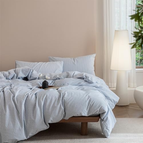 JIYUAN Super King Washed Cotton Duvet Cover Set, Linen-Like Pinstripe