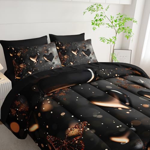 7 Piece Black Heart Comforter Set King，King Size Heart Bedding Set，Heart Themed Bedroom Decor，(1 Comforter, 1 Flat Sheet, 1 Fitted Sheet, 2 Pillowcase and 2 Pillow Sham)