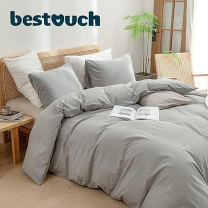 BESTOUCH Cotton Solid Duvet Cover Set Linen Feel Light Grey Alaska King