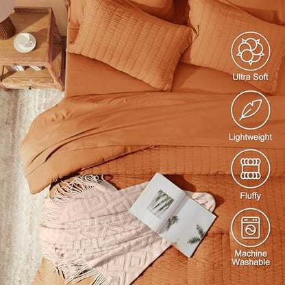 Laojin Balhen King Size Comforter Set 7 Pieces, Burnt Orange Seersucker Bed in a Bag Set King Size, All Season Luxury Bedding Sets with Comforter, Sheets, Pillowcase & Sham
