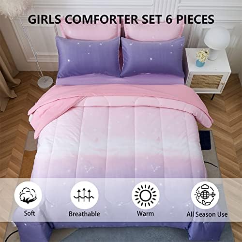 Dinjoy Girls Comforter Set Twin Size 6 Pieces Bed in A Bag Colorful Ombre Pink Purple Rainbow Bedding Set for Kids Teen (1 Comforter, 1 Flat Sheet, 1 Fitted Sheet, 1 Pillow sham, 2 Pillowcases)