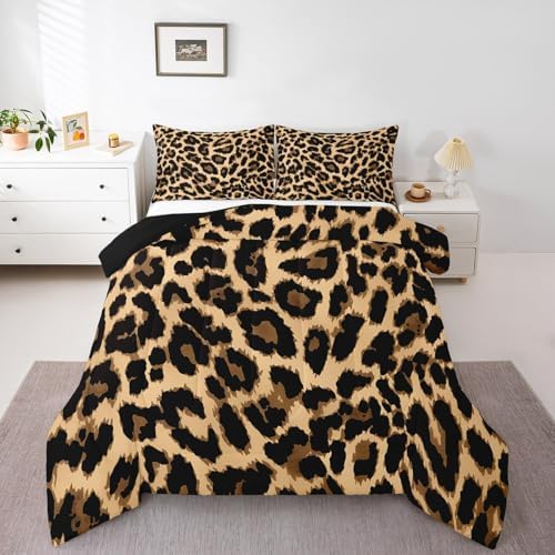 Black Brown Leopard Print Comforter Set Women Cheetah Printed Bedding Set Men Africa Animal Wildlife Duvet Set for Kids Girls Teens Bedroom Decor Luxury Home Hotel Room Soft Comforter Queen Size 3Pcs