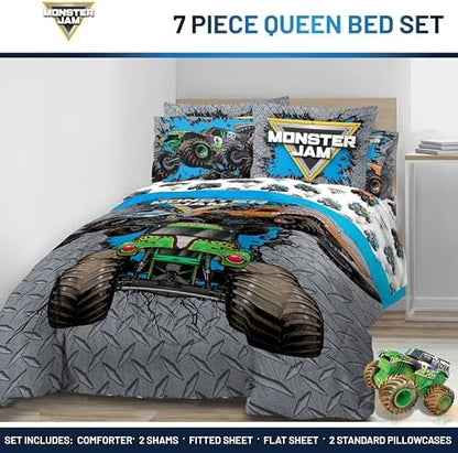 Monster Jam Queen Comforter Set 7 Piece Kids Bedding for Boys, Gray