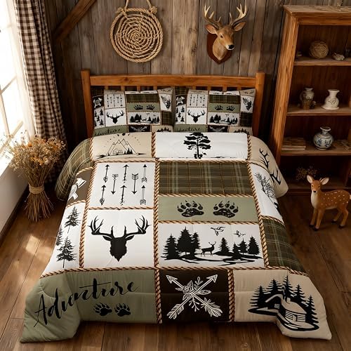 Rustic Farmhouse Kids Comforter Set Twin Size,Deer Antlers Bear Paws Plaids Patchwork Bedding Set for Boys Girls Adults Room Decor,Pine Trees Arrows Down Comforter,Retro Duvet Insert,1 Pillowcase