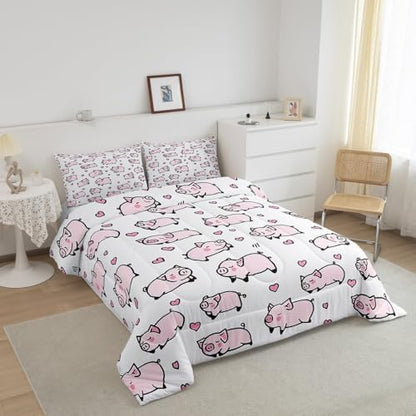 Feelyou Kids Pink Pig Comforter Set Queen Size Cartoon Pigs Bedding Set Boys Girls Lovely Animal Cute Pet Quilt Set Farm Animal Love Heart Bed Set