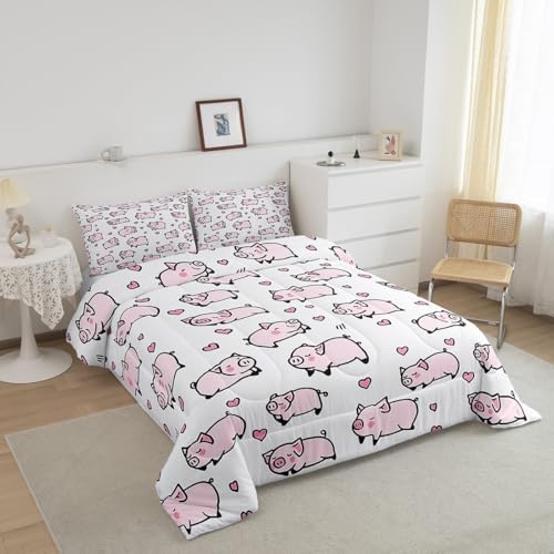 Feelyou Kids Pink Pig Comforter Set King Size Cartoon Pigs Bedding Set Boys Girls Lovely Animal Cute Pet Quilt Set Farm Animal Love Heart Bed Set