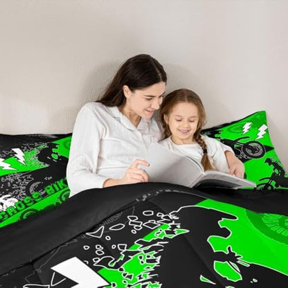 Erosebridal Boys Dirt Bike Comforter Set King Kids Motocross Bedding Set Dirtbike Bedroom Decor for Boys Men Adult,Rider Motorcycle Bed Set Cool Extreme Sports Bedding Sets 3Pcs,Green Black