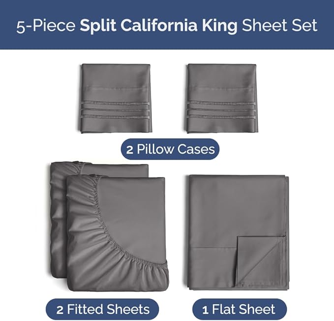 Split California King Bed Sheet Set - 5 Piece Split Cal King Size Sheets - Ultra-Soft, Breathable & Cooling - Comfy, Wrinkle & Fade Resistant - Fits 8" to 16" Inch Mattress w/ Deep Pockets - Dark Grey