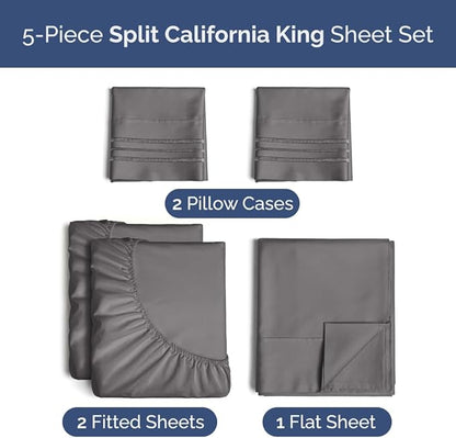 Split California King Bed Sheet Set - 5 Piece Split Cal King Size Sheets - Ultra-Soft, Breathable & Cooling - Comfy, Wrinkle & Fade Resistant - Fits 8" to 16" Inch Mattress w/ Deep Pockets - Dark Grey