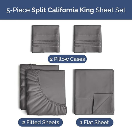 Split California King Bed Sheet Set - 5 Piece Split Cal King Size Sheets - Ultra-Soft, Breathable & Cooling - Comfy, Wrinkle & Fade Resistant - Fits 8" to 16" Inch Mattress w/ Deep Pockets - Dark Grey