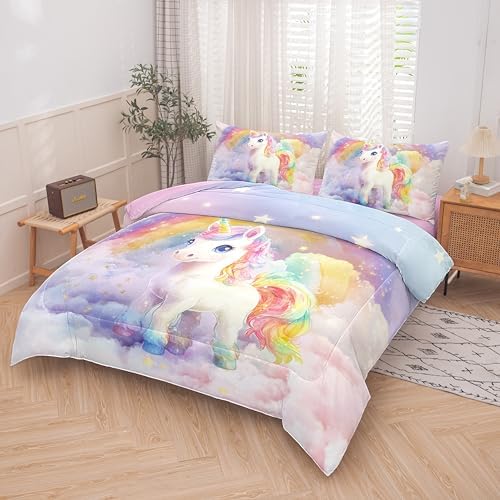 5PCS Unicorn Comforter Sets Queen Pink Color,Pink Queen Comforter Set for Girls,Kids,Teens,Cute Unicorn Bed Set,All Season Use