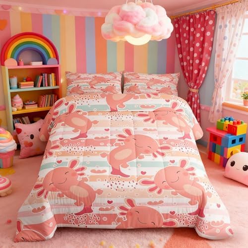 Manfei Cute Axolotl Comforter Set King Size,Rainbow Stripes Quilt Set,Animal Theme Bedding Comforters 3pcs for Kids Teens Girls Boys Room Decor,Pink Romantic Soft Duvet Set with 2 Pillowcases