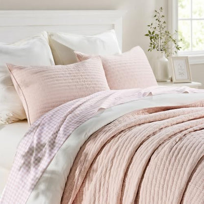EVERGRACE 100% Cotton Cross Stitch 3-Piece Quilt Set, Queen, Ballet Pink