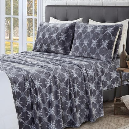 Elegant Comfort Luxuriously Soft 4-Piece Holiday Velvet Plush Flannel Sheet Set - Premium Quality - Cozy Warm, Christmas Fuzzy Velvet Flannel Fleece Deep Pocket Sheet Set - Cal King, Gray Snowflake