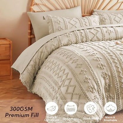 MR&HM Queen Comforter Set 7 Pieces, Fluffy Tufted Boho Beddding Set Linen