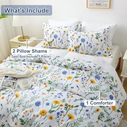 Mooreeke Floral Twin Size Comforter Sets, Dandelion Floral Botanical Patterned Bedding for All Seasons, 2-Piece Vintage Bed in a Bag with Fluffy Quilted Reversible Comforter & Pillow Sham