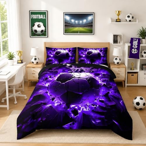 Nttopship Soccer Bedding Comforter Set King Size for Kids Teens and Adults, Purple and Black Football Printed Bedding Sets 3 PCS,Ball Sports Themed Bedroom Decor with 1 Comforter and 2 Pillowcases