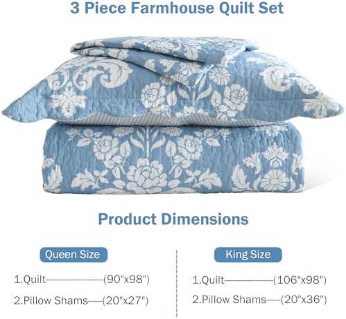 Queen Size Quilt Set - Blue and White Floral Quilt with Shams