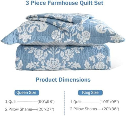 Queen Size Quilt Set - Blue and White Floral Quilt with Shams