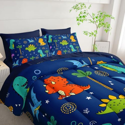 HOSIMA Colorful Cartoon Dinosaur Bed in a Bag 7 Pieces Twin for Kids.