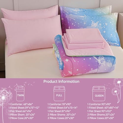 Dinjoy Girls Comforter Set 5 Pieces, Twin Size Colorful Ombre Rainbow Bedding Set, Bed in A Bag for Kid Teen Girls (1 Comforter, 1 Flat Sheet, 1 Fitted Sheet, 1 Pillow Shams, 1 Pillowcases)