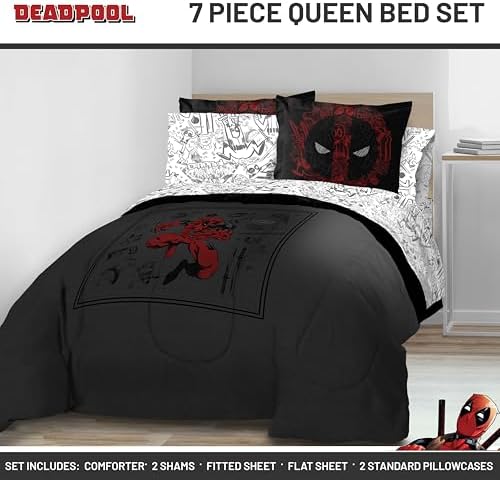 Marvel Deadpool Queen Comforter Set 7 Piece Bedding for Boys, Gray