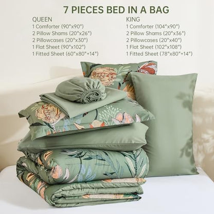 Luxudecor Floral Comforter Set Queen Bed in a Bag Set,7 Pieces Green Floral Comforter and Sheet Set,Soft Microfiber Bedding Sets for All Seasons (Green,90"X90")