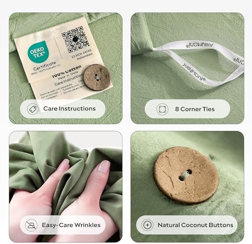 JELLYMONI 100% Washed Cotton Mint Green Duvet Cover King, Linen-Like