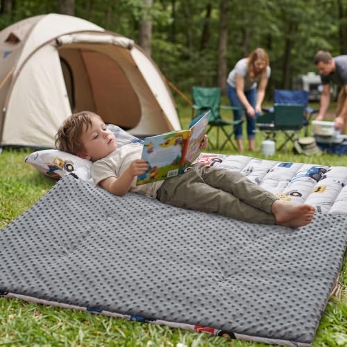 PHF Toddler Nap Mat with Removable Pillow and Minky Blanket, Rollup Design Kids Sleeping Mat, Slumber Bags for Boys, 55"x23" Toddler Sleeping Bag for Daycare Preschool Travel Camping, Truck and Digger