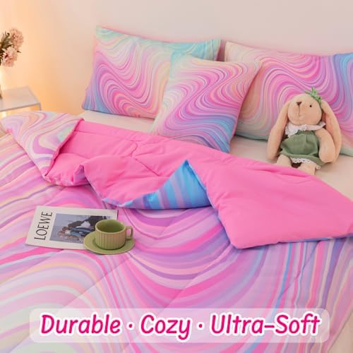 4 Pcs Pink Twin Comforter Set for Girls, Tie Dye Superior Kids Teen Bedding Sets, Blue Pink Rainbow Twin Size Bedding Set for Girls