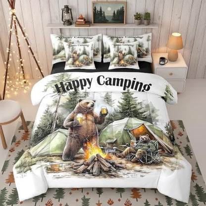 Erosebridal 7 Piece RV Bunk Twin Bedding Set for Camper,Camping Bear Themed Comforter Set for Kids Boys Girls,Travel Trailer Tent Decor Woodland Forest Animals Bed Set with Sheets,Pillowcases