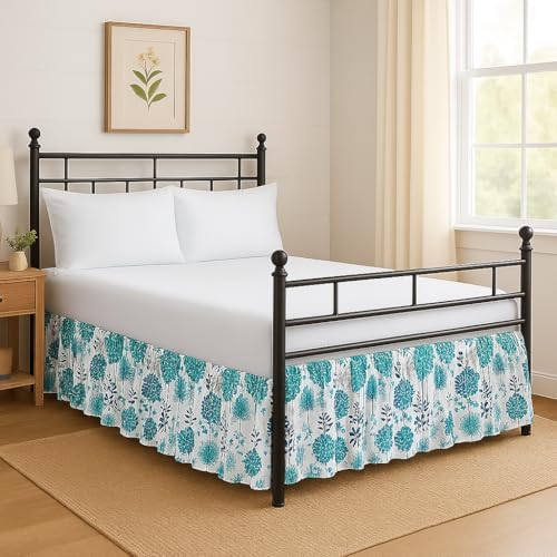 Mattress-Homes Printed Ruffled Bed Skirt Split Corners with Platform Tailored Fit Wrinkle Free Ultra-Soft Microfiber Dust Ruffle Twin 18" Drop Coverlet Blue Floral