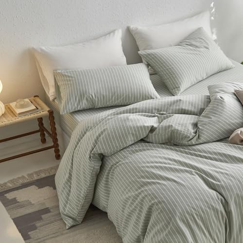 MooMee Striped Duvet Cover Set 100% Washed Cotton Linen Like Super King
