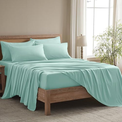 Full Size Bed Sheets - 6 Piece Soft Microfiber and Wrinkle Free Sheets - Easy Care, Extra Soft, Cooling Sheets - 1 Deep Pocket Fitted Sheet 1 Flat Sheet and 4 Pillowcases (Full Spa Blue)