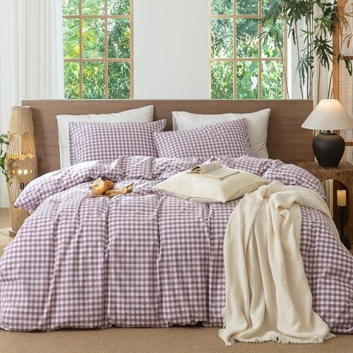 MooMee Gingham Duvet Cover Set 100% Washed Cotton Linen Like