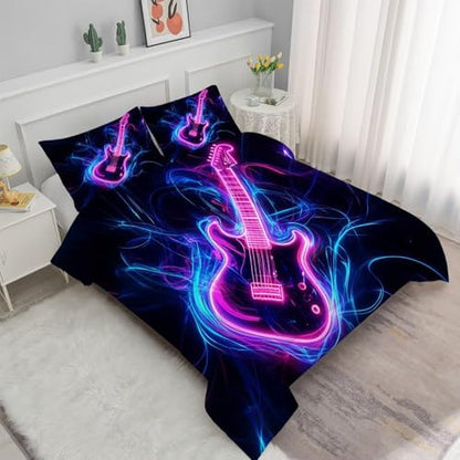Guitar Bedding Set Full/Queen Neon Music Comforter for Kids Girls Women Bedroom Quilt Bed Set 1 Comforter 2 Pillowcases