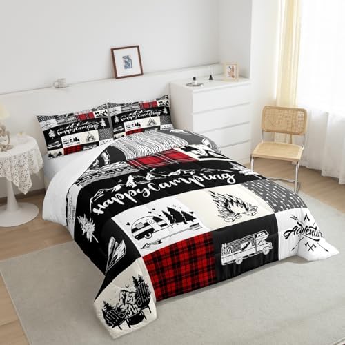 Castle Fairy Camping Adventure Comforter Set Twin Size,RV Camper Accessories for Travel Trailers Bedding Set for Kids Boys Men,Rustic Red Plaid Boho Aztec Exotic Quilted Duvet Set with 1 Pillowcase