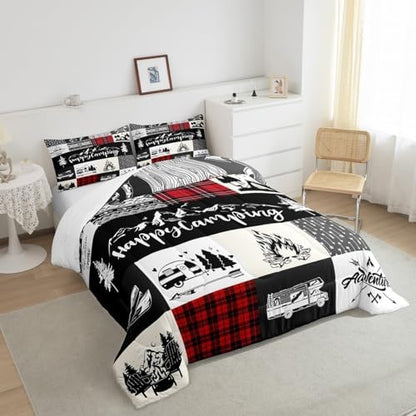 Castle Fairy Camping Camper Comforter Set King Size,RV Inside Decor Rustic Patchwork Bedding Set All Season Quilt Set,Farmhouse Lodge Hunting Red Checkered Microfiber Polyester Down Comforter