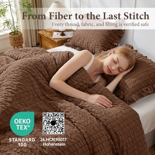 JOLLYVOGUE Dark Brown Queen Comforter Set,3pcs Ruffle Seersucker Bed Set