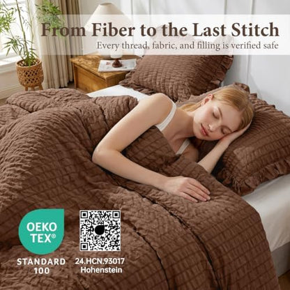 JOLLYVOGUE Dark Brown Queen Comforter Set,3pcs Ruffle Seersucker Bed Set