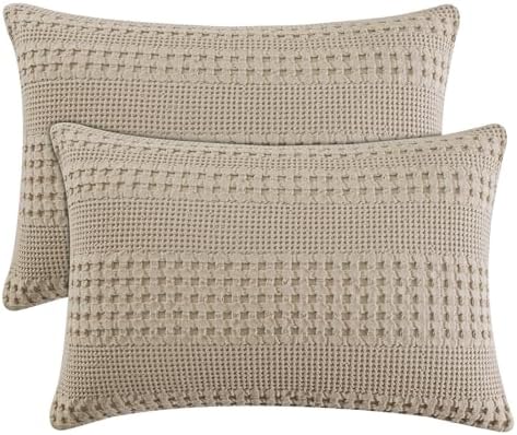 PHF 100% Cotton Waffle Pillow Shams Standard Size, 2 Pack 20" x 26" Soft Skin-Friendly Pillowcases, No Filling, Aesthetic Woven and Breathable Waffle Weave Pillow Case Covers for Bed, Simply Taupe