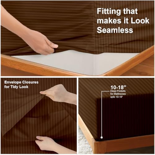 NON Sticky cotton 4 Piece Head Flex King Fitted Sheet Set for Sleep Number Adjustable Bed, 100% Long Staple Cotton Bed Sheets, 34" Top Split, Fits 18" Deep Mattress, 78" X 80", Chocolate Stripe