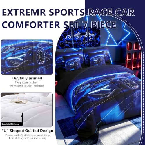 Feelyou Kids Boys Sports Car 7 Piece Bedding Set Full Size Blue Race Car Comforter Set with Sheets for Kids Teens Boys Girls Extreme Sports Theme Bed in a Bag Speed Luxury Car Bed Set