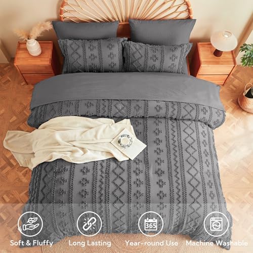MR&HM 7 Pieces Comforter Set Full, Tufted Boho Farmhouse Bed Set Dark Grey